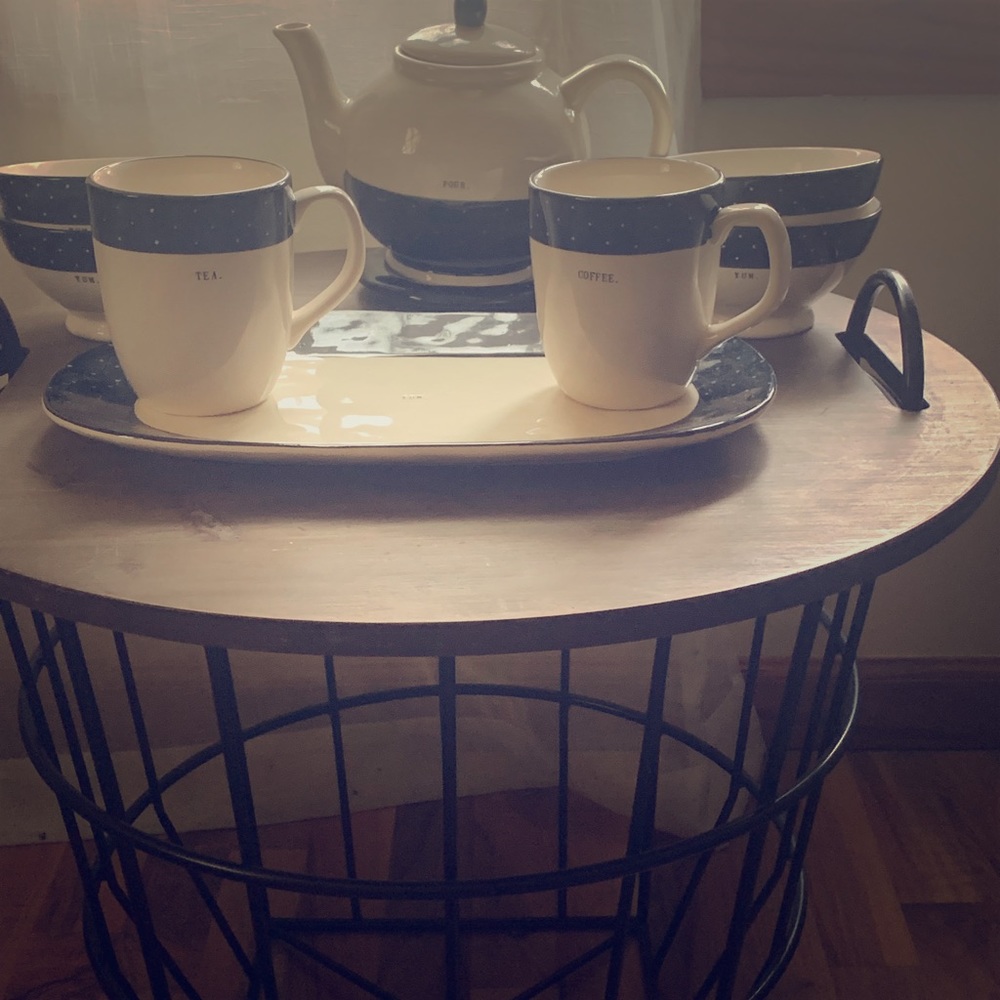 Rae Dunn teapot, mugs, and platter